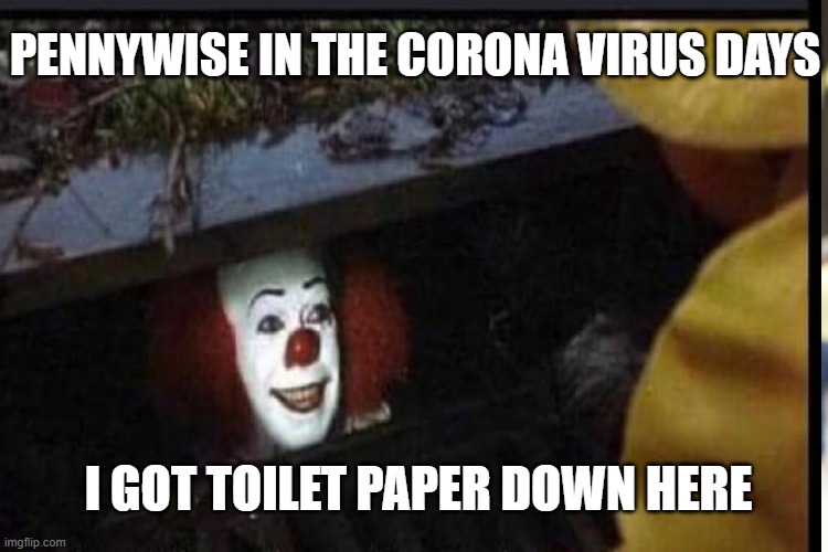 PENNYWISE IN THE CORONA VIRUS DAYS; I GOT TOILET PAPER DOWN HERE | image tagged in pennywise in sewer | made w/ Imgflip meme maker