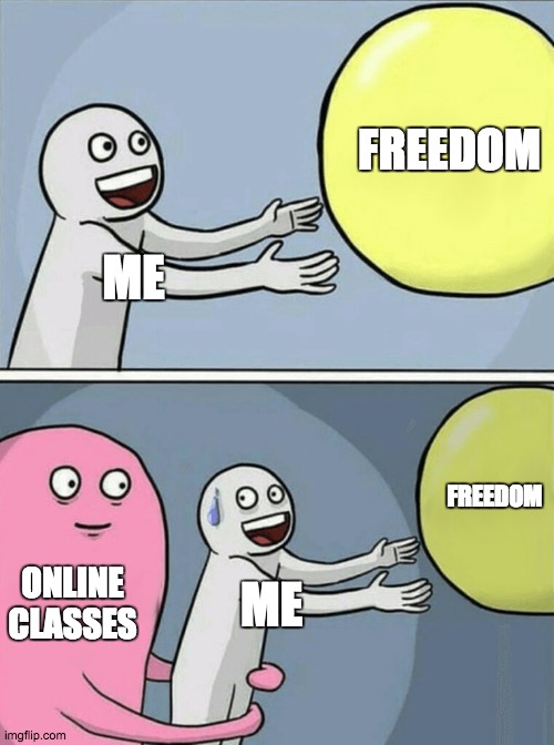 ME FREEDOM ONLINE CLASSES ME FREEDOM | image tagged in memes,running away balloon | made w/ Imgflip meme maker