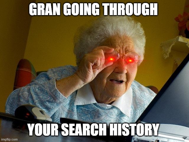 Grandma Finds The Internet | GRAN GOING THROUGH; YOUR SEARCH HISTORY | image tagged in memes,grandma finds the internet | made w/ Imgflip meme maker