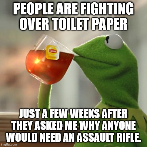 But That's None Of My Business Meme | PEOPLE ARE FIGHTING OVER TOILET PAPER; JUST A FEW WEEKS AFTER THEY ASKED ME WHY ANYONE WOULD NEED AN ASSAULT RIFLE. | image tagged in memes,but thats none of my business,kermit the frog | made w/ Imgflip meme maker