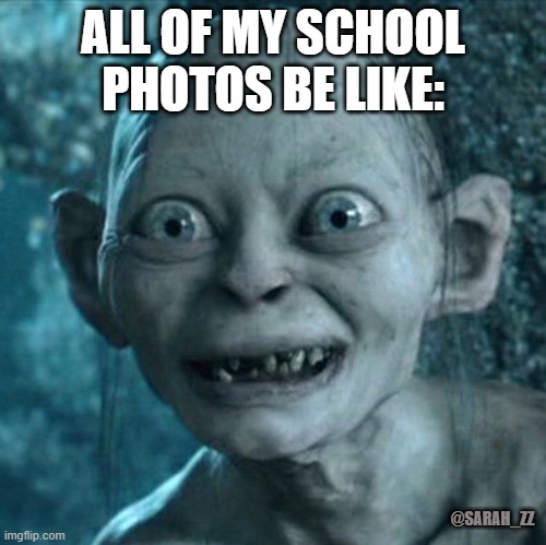 Gollum | ALL OF MY SCHOOL PHOTOS BE LIKE:; @SARAH_ZZ | image tagged in memes,gollum | made w/ Imgflip meme maker