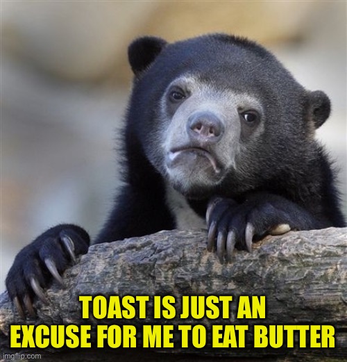 Confession Bear Meme | TOAST IS JUST AN EXCUSE FOR ME TO EAT BUTTER | image tagged in memes,confession bear | made w/ Imgflip meme maker