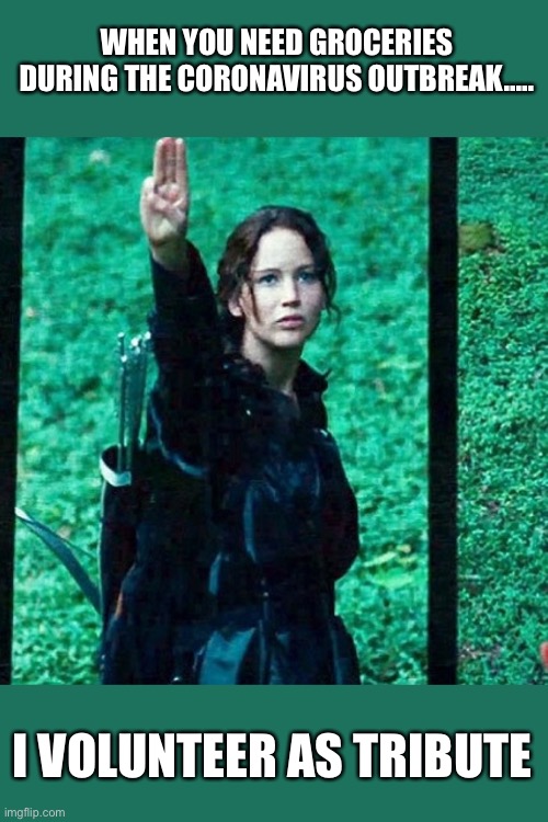 Hunger games | WHEN YOU NEED GROCERIES DURING THE CORONAVIRUS OUTBREAK..... I VOLUNTEER AS TRIBUTE | image tagged in hunger games | made w/ Imgflip meme maker