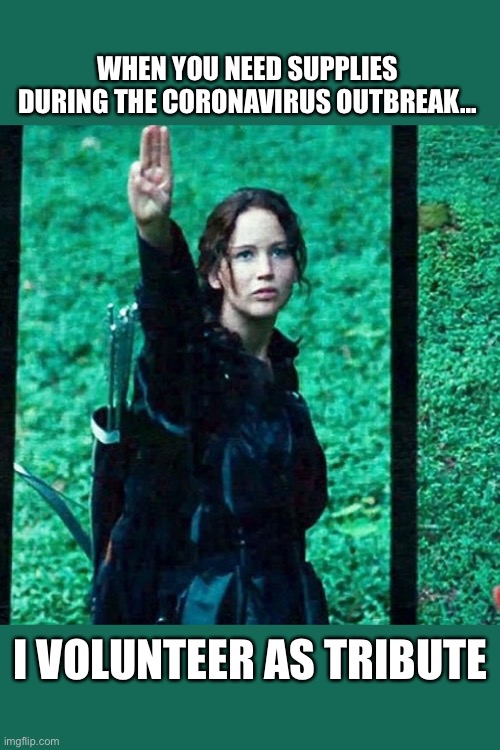 Hunger games | WHEN YOU NEED SUPPLIES DURING THE CORONAVIRUS OUTBREAK... I VOLUNTEER AS TRIBUTE | image tagged in hunger games | made w/ Imgflip meme maker