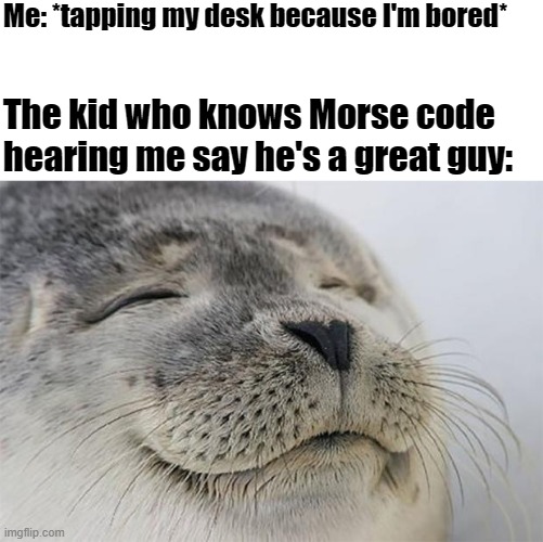 I tried making something wholesome! :) | Me: *tapping my desk because I'm bored*; The kid who knows Morse code hearing me say he's a great guy: | image tagged in memes,satisfied seal,morse code,wholesome | made w/ Imgflip meme maker