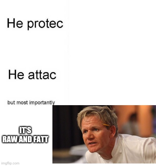 He protec he attac but most importantly | IT'S RAW AND FATT | image tagged in he protec he attac but most importantly | made w/ Imgflip meme maker