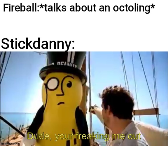 Dude, your freaking me out | Fireball:*talks about an octoling*; Stickdanny: | image tagged in dude your freaking me out | made w/ Imgflip meme maker