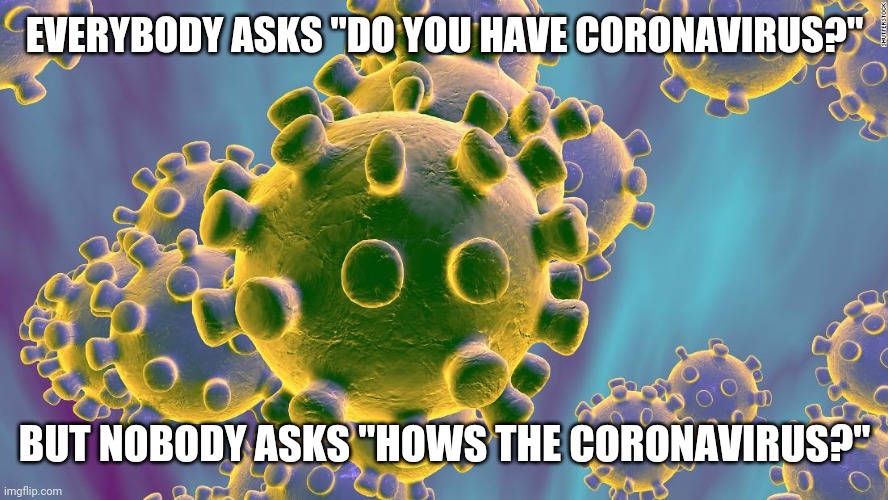 Coronavirus | EVERYBODY ASKS "DO YOU HAVE CORONAVIRUS?"; BUT NOBODY ASKS "HOWS THE CORONAVIRUS?" | image tagged in coronavirus | made w/ Imgflip meme maker