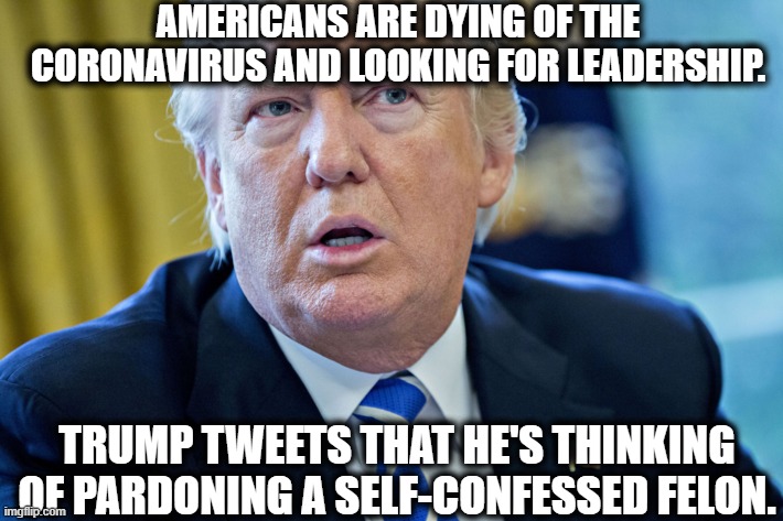 This is what he's focused on. | AMERICANS ARE DYING OF THE CORONAVIRUS AND LOOKING FOR LEADERSHIP. TRUMP TWEETS THAT HE'S THINKING OF PARDONING A SELF-CONFESSED FELON. | image tagged in donald trump,coronavirus,leadership,moron,michael flynn,americans | made w/ Imgflip meme maker