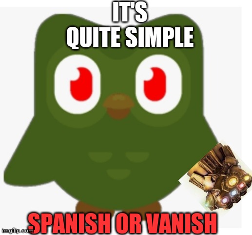 Duolingo Gauntlet | IT'S QUITE SIMPLE; SPANISH OR VANISH | image tagged in funny memes | made w/ Imgflip meme maker
