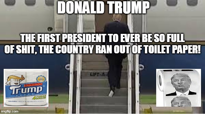 DONALD TRUMP | DONALD TRUMP; THE FIRST PRESIDENT TO EVER BE SO FULL OF SHIT, THE COUNTRY RAN OUT OF TOILET PAPER! | image tagged in trump,toilet paper,full of shit,coronavirus,liar,criminal | made w/ Imgflip meme maker