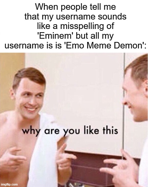 Emo Meme Demon | When people tell me that my username sounds like a misspelling of 'Eminem' but all my username is is 'Emo Meme Demon': | image tagged in why are you like this,ememeon,usernames,eminem,why | made w/ Imgflip meme maker