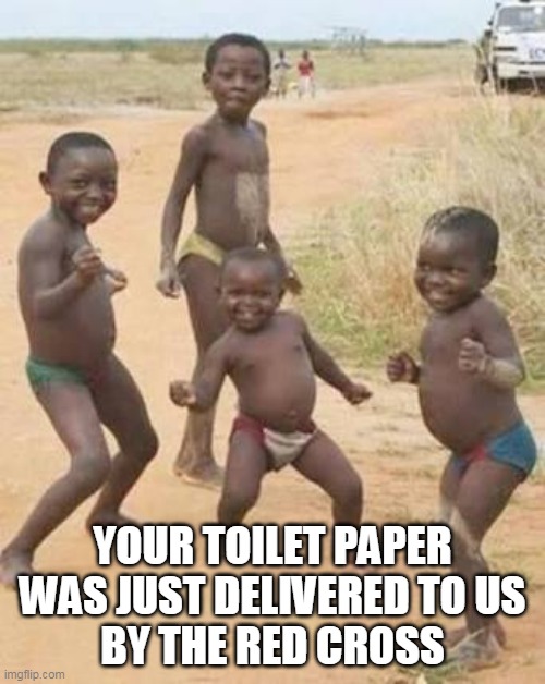 African kids dancing | YOUR TOILET PAPER
WAS JUST DELIVERED TO US
BY THE RED CROSS | image tagged in african kids dancing | made w/ Imgflip meme maker