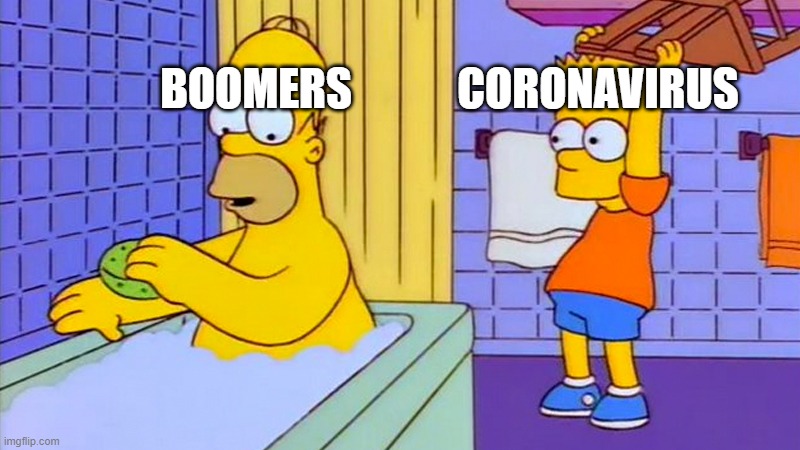 bart hitting homer with a chair | BOOMERS; CORONAVIRUS | image tagged in bart hitting homer with a chair | made w/ Imgflip meme maker