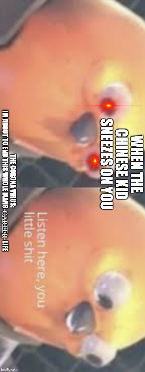 Listen here you little shit bird | WHEN THE CHINESE KID SNEEZES ON YOU; THE CORONA VIRUS:






IM ABOUT TO END THIS WHOLE MANS  ̶C̶A̶R̶E̶E̶R̶  LIFE | image tagged in listen here you little shit bird | made w/ Imgflip meme maker