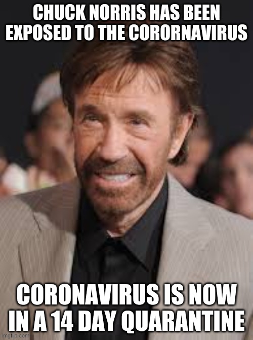 It's ya boi Chuck Norris | CHUCK NORRIS HAS BEEN EXPOSED TO THE CORORNAVIRUS; CORONAVIRUS IS NOW IN A 14 DAY QUARANTINE | image tagged in chuck norris | made w/ Imgflip meme maker