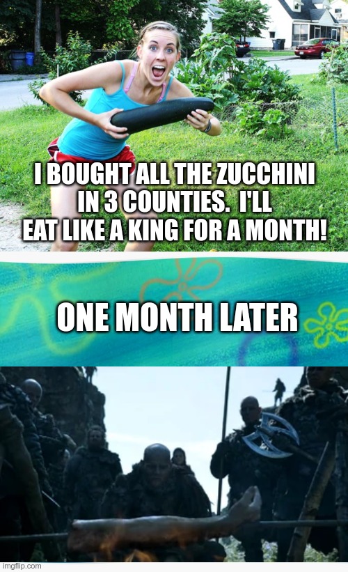 I BOUGHT ALL THE ZUCCHINI IN 3 COUNTIES.  I'LL EAT LIKE A KING FOR A MONTH! ONE MONTH LATER | image tagged in spongebob years later meme | made w/ Imgflip meme maker