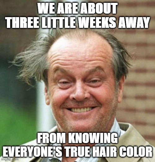 Jack Nicholson  |  WE ARE ABOUT THREE LITTLE WEEKS AWAY; FROM KNOWING EVERYONE'S TRUE HAIR COLOR | image tagged in jack nicholson | made w/ Imgflip meme maker