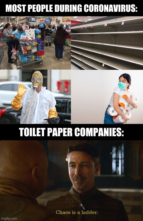 MOST PEOPLE DURING CORONAVIRUS:; TOILET PAPER COMPANIES: | image tagged in coronavirus,news | made w/ Imgflip meme maker