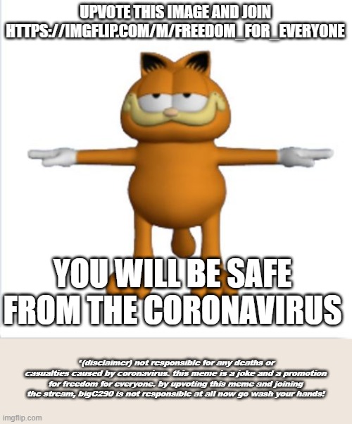 garfield t-pose | UPVOTE THIS IMAGE AND JOIN HTTPS://IMGFLIP.COM/M/FREEDOM_FOR_EVERYONE; YOU WILL BE SAFE FROM THE CORONAVIRUS; *(disclaimer) not responsible for any deaths or casualties caused by coronavirus. this meme is a joke and a promotion for freedom for everyone. by upvoting this meme and joining the stream, bigG290 is not responsible at all now go wash your hands! | image tagged in garfield t-pose | made w/ Imgflip meme maker