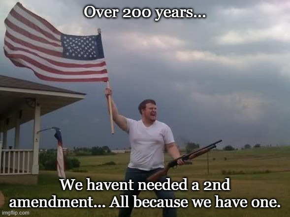 Gun loving conservative | Over 200 years... We havent needed a 2nd amendment... All because we have one. | image tagged in gun loving conservative | made w/ Imgflip meme maker