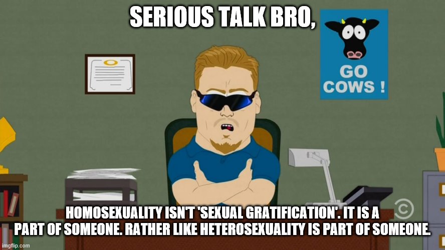 PC Principal Have a Seat | SERIOUS TALK BRO, HOMOSEXUALITY ISN'T 'SEXUAL GRATIFICATION'. IT IS A PART OF SOMEONE. RATHER LIKE HETEROSEXUALITY IS PART OF SOMEONE. | image tagged in pc principal have a seat | made w/ Imgflip meme maker