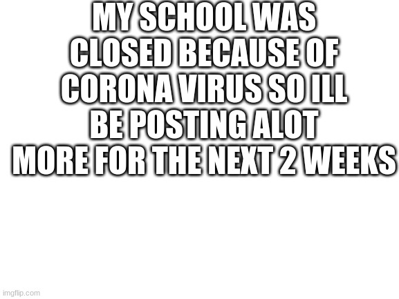 its finaly happened | MY SCHOOL WAS CLOSED BECAUSE OF CORONA VIRUS SO ILL BE POSTING ALOT MORE FOR THE NEXT 2 WEEKS | image tagged in blank white template,coronavirus,my school is closed | made w/ Imgflip meme maker