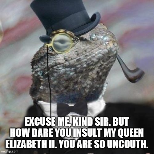 Lizard Squad | EXCUSE ME, KIND SIR. BUT HOW DARE YOU INSULT MY QUEEN ELIZABETH II. YOU ARE SO UNCOUTH. | image tagged in lizard squad | made w/ Imgflip meme maker