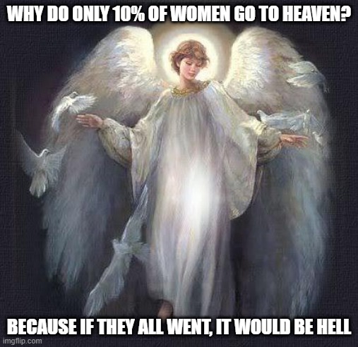 Limits | WHY DO ONLY 10% OF WOMEN GO TO HEAVEN? BECAUSE IF THEY ALL WENT, IT WOULD BE HELL | image tagged in angels | made w/ Imgflip meme maker