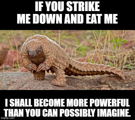Wrath of the Pangolin master | IF YOU STRIKE ME DOWN AND EAT ME; I SHALL BECOME MORE POWERFUL THAN YOU CAN POSSIBLY IMAGINE. | image tagged in covid-19 | made w/ Imgflip meme maker