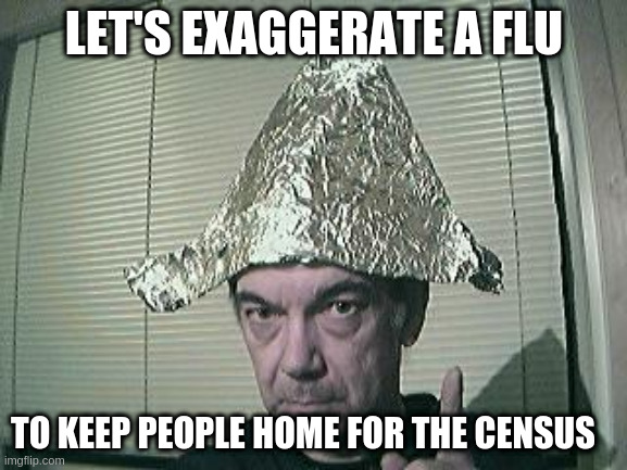 tin foil hat | LET'S EXAGGERATE A FLU; TO KEEP PEOPLE HOME FOR THE CENSUS | image tagged in tin foil hat | made w/ Imgflip meme maker