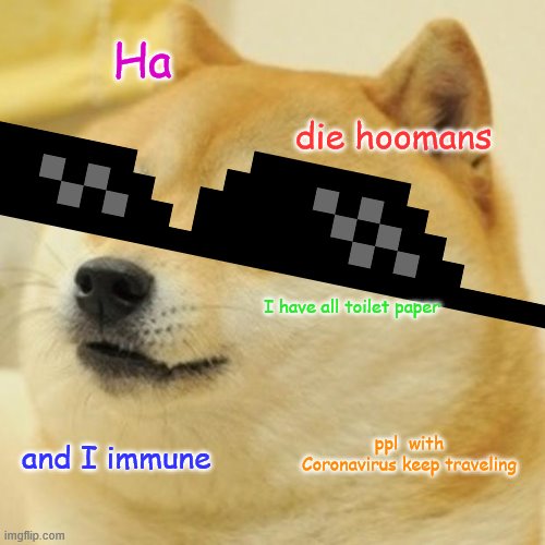 Doge Meme | Ha; die hoomans; I have all toilet paper; ppl  with Coronavirus keep traveling; and I immune | image tagged in memes,doge | made w/ Imgflip meme maker