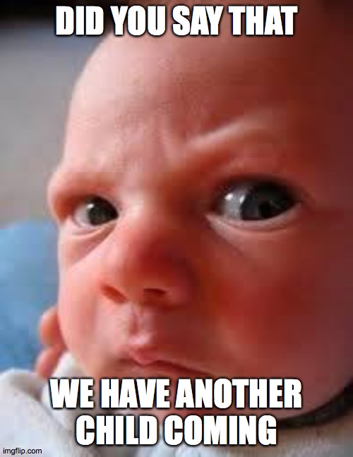 Concerned innocent baby bay | DID YOU SAY THAT; WE HAVE ANOTHER CHILD COMING | image tagged in concerned innocent baby bay | made w/ Imgflip meme maker