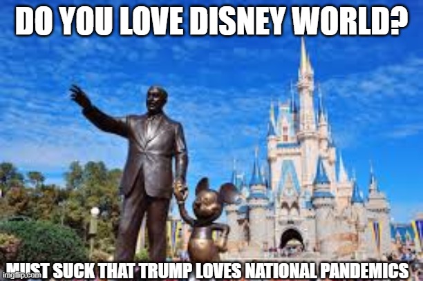 DO YOU LOVE DISNEY WORLD? MUST SUCK THAT TRUMP LOVES NATIONAL PANDEMICS | image tagged in covid19,trump,coronavirus | made w/ Imgflip meme maker