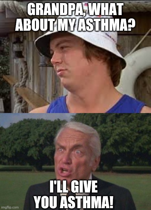 GRANDPA, WHAT ABOUT MY ASTHMA? I'LL GIVE YOU ASTHMA! | image tagged in judge smales caddyshack,caddyshack spaulding | made w/ Imgflip meme maker