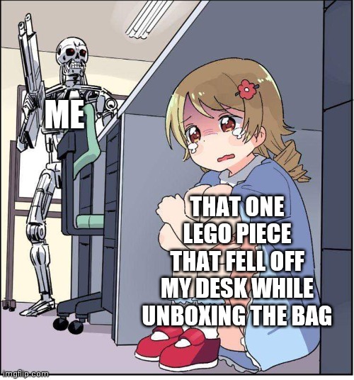 robot, anime girl hiding, animinator | ME; THAT ONE LEGO PIECE THAT FELL OFF MY DESK WHILE UNBOXING THE BAG | image tagged in robot anime girl hiding animinator | made w/ Imgflip meme maker