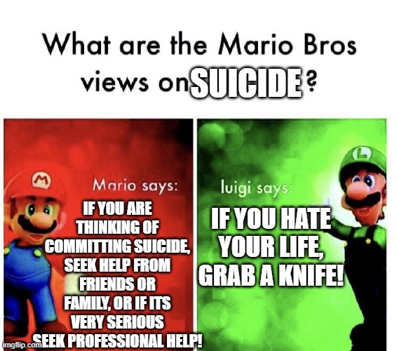 Mario Bros. Views | SUICIDE; IF YOU ARE THINKING OF COMMITTING SUICIDE, SEEK HELP FROM FRIENDS OR FAMILY, OR IF ITS VERY SERIOUS SEEK PROFESSIONAL HELP! IF YOU HATE YOUR LIFE, GRAB A KNIFE! | image tagged in mario bros views | made w/ Imgflip meme maker