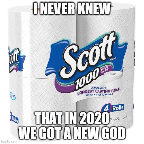 Toilet Paper god | I NEVER KNEW; THAT IN 2020 WE GOT A NEW GOD | image tagged in toilet paper | made w/ Imgflip meme maker