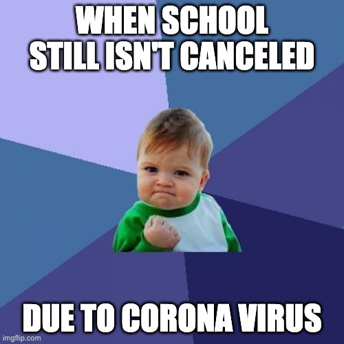 Success Kid | WHEN SCHOOL STILL ISN'T CANCELED; DUE TO CORONA VIRUS | image tagged in memes,success kid | made w/ Imgflip meme maker