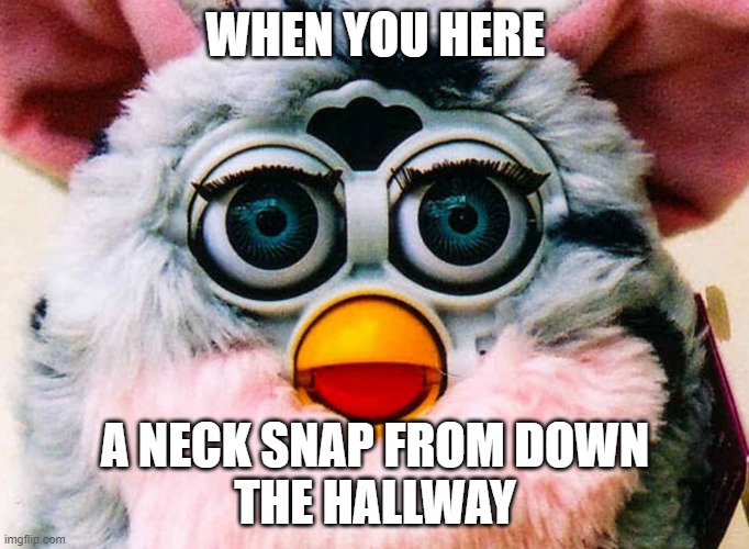 WHEN YOU HERE; A NECK SNAP FROM DOWN
THE HALLWAY | image tagged in furby,scp,173 | made w/ Imgflip meme maker