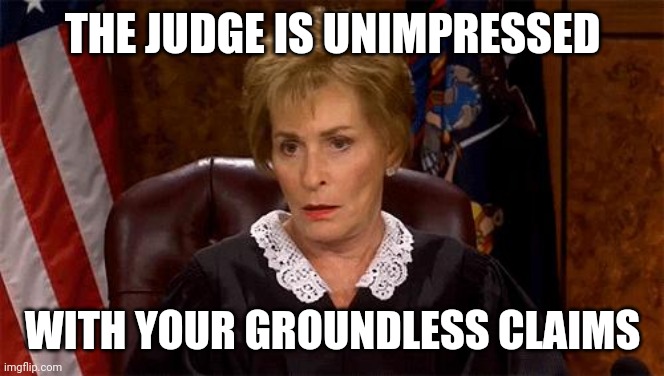 Judge Judy Unimpressed | THE JUDGE IS UNIMPRESSED WITH YOUR GROUNDLESS CLAIMS | image tagged in judge judy unimpressed | made w/ Imgflip meme maker