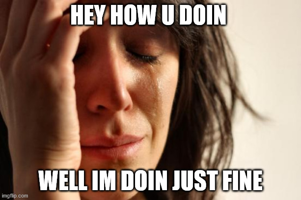 First World Problems | HEY HOW U DOIN; WELL IM DOIN JUST FINE | image tagged in memes,first world problems | made w/ Imgflip meme maker