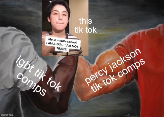 Epic Handshake Meme | this tik tok; percy jackson
tik tok comps; lgbt tik tok
comps | image tagged in memes,epic handshake | made w/ Imgflip meme maker