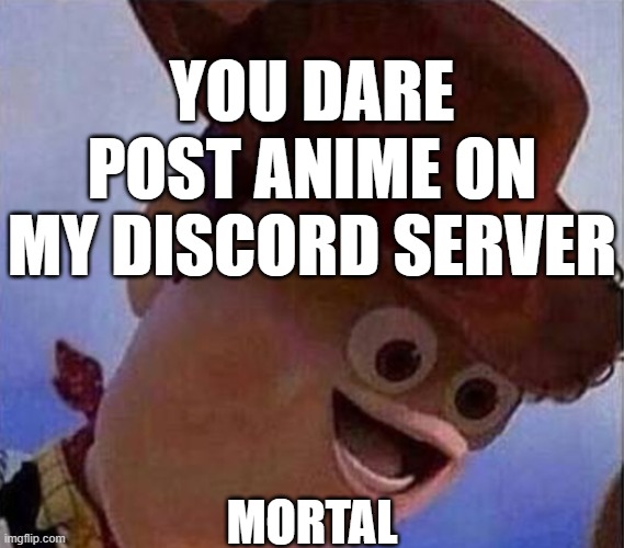 Derp Woody | YOU DARE POST ANIME ON MY DISCORD SERVER; MORTAL | image tagged in derp woody | made w/ Imgflip meme maker