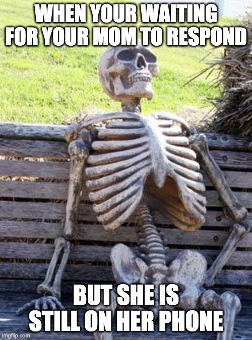 Waiting Skeleton | WHEN YOUR WAITING FOR YOUR MOM TO RESPOND; BUT SHE IS STILL ON HER PHONE | image tagged in memes,waiting skeleton | made w/ Imgflip meme maker