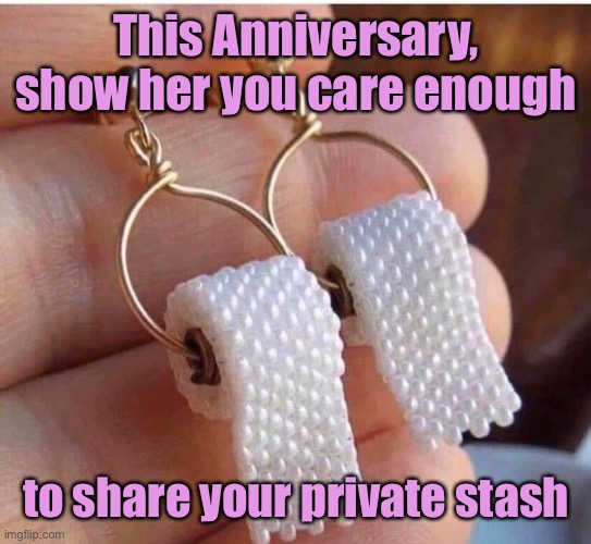 Which anniversary was paper?  All of them this year. | This Anniversary, show her you care enough; to share your private stash | image tagged in toilet paper,shortages,anniversary,earrings,love,stash | made w/ Imgflip meme maker