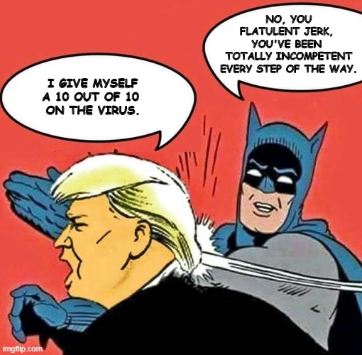 There was no mistaking the market reaction. | NO, YOU FLATULENT JERK, 
YOU'VE BEEN 
TOTALLY INCOMPETENT EVERY STEP OF THE WAY. I GIVE MYSELF A 10 OUT OF 10 
ON THE VIRUS. | image tagged in batman slapping trump,covid-19,coronavirus,trump,stupid,liar | made w/ Imgflip meme maker