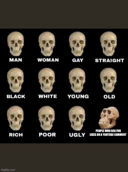 man woman gay straight skull | PEOPLE WHO BEG FOR LIKES ON A YOUTUBE COMMENT | image tagged in man woman gay straight skull | made w/ Imgflip meme maker