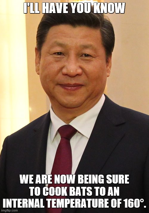 Xi Jinping | I'LL HAVE YOU KNOW WE ARE NOW BEING SURE TO COOK BATS TO AN INTERNAL TEMPERATURE OF 160°. | image tagged in xi jinping | made w/ Imgflip meme maker