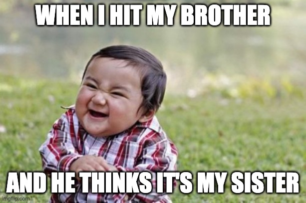 Evil Toddler | WHEN I HIT MY BROTHER; AND HE THINKS IT'S MY SISTER | image tagged in memes,evil toddler | made w/ Imgflip meme maker